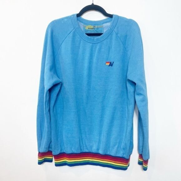 Aviator Nation 5 Stripe Rainbow Crew Neck Sweatshirt Ocean Blue XL Made In USA - Picture 2 of 8